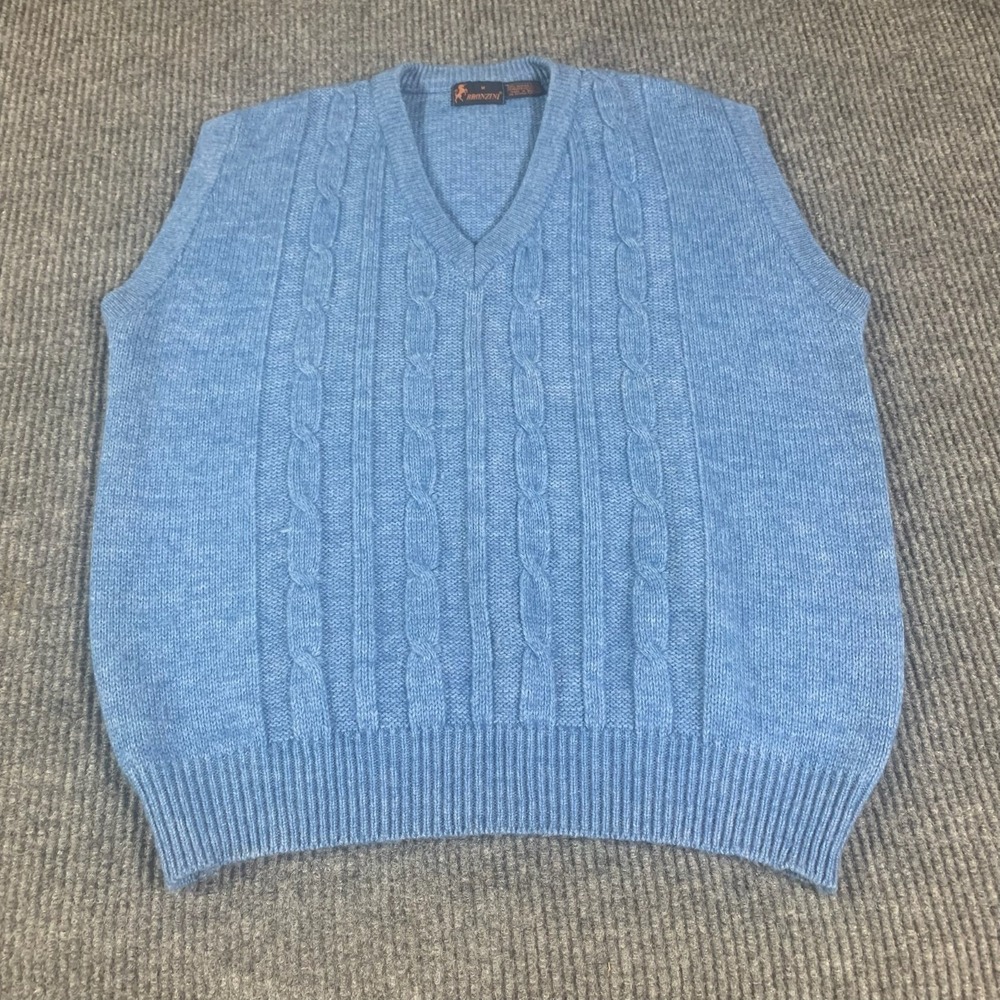 VTG Bronzini‎ Sweater Vest Mens Medium Blue Merino Wool Mohair Blend Cable Knit